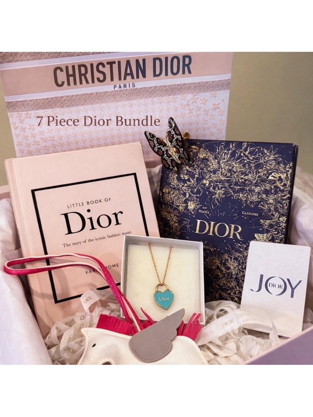 Dior Pink & Gold Heart Pendant Necklace with Branded 7-Piece Gift Bundle